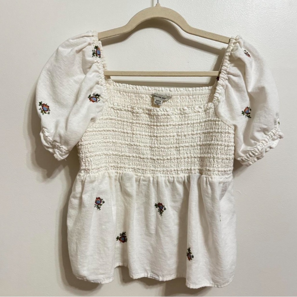 American Eagle Embroidered Floral Smocked Babydoll Blouse